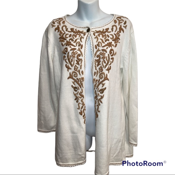 Coldwater Creek Sweaters - Coldwater Creek Cardigan Sweater. Embroidered. Cream with gold/tan accent Small